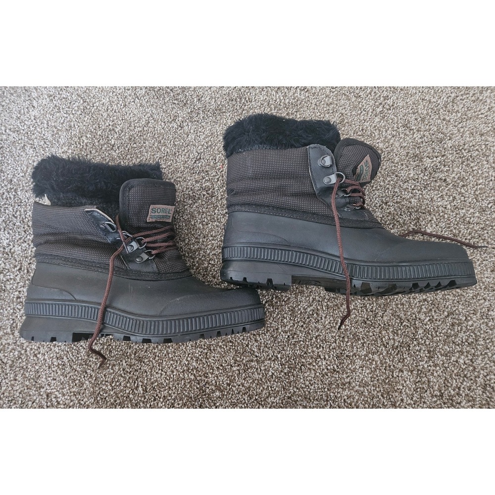 Sorel Kaufman Winter Boots Womens Size 8 Black Lined Faux Fur Trim Lace Up Ankle